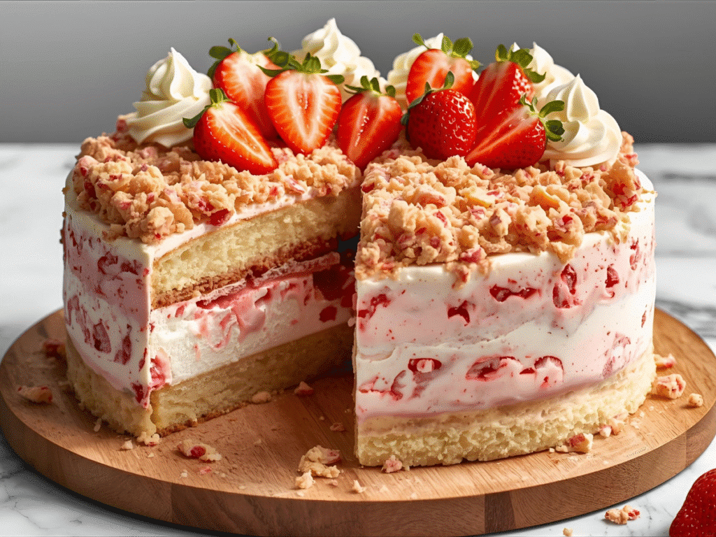 Overhead strawberry shortcake ice cream cake with strawberry crumble top and whipped cream swirls​