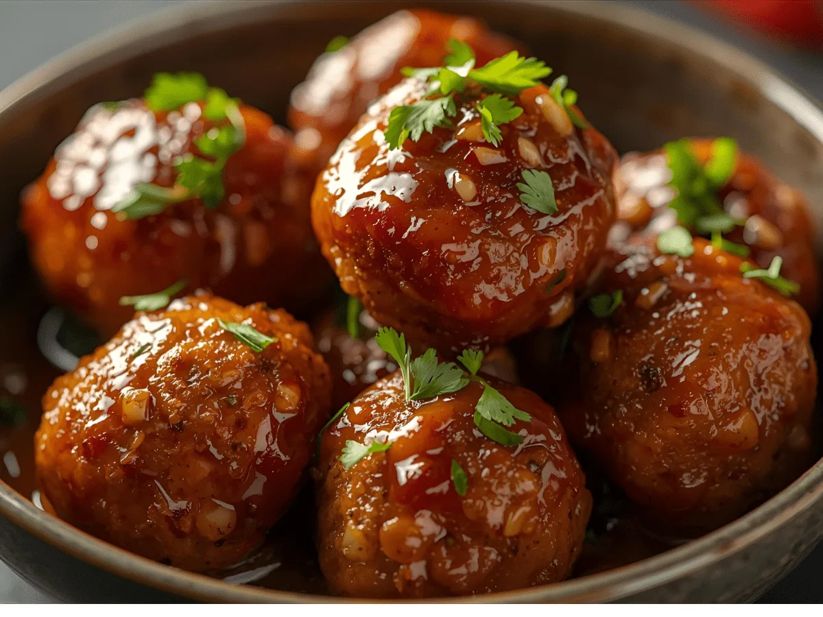Baked chicken Parmesan meatballs with marinara, melted mozzarella, and basil in a baking dish​
