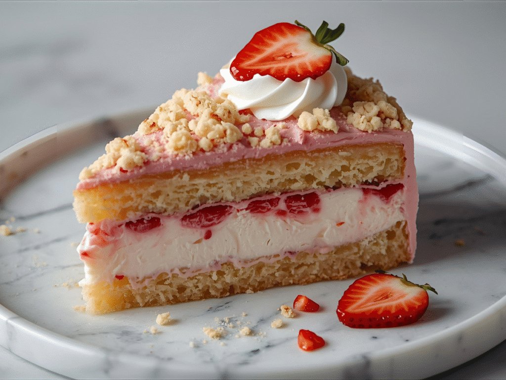 Strawberry shortcake ice cream cake slice showing crumb base, creamy strawberry layer, and crumble top with whipped cream​
