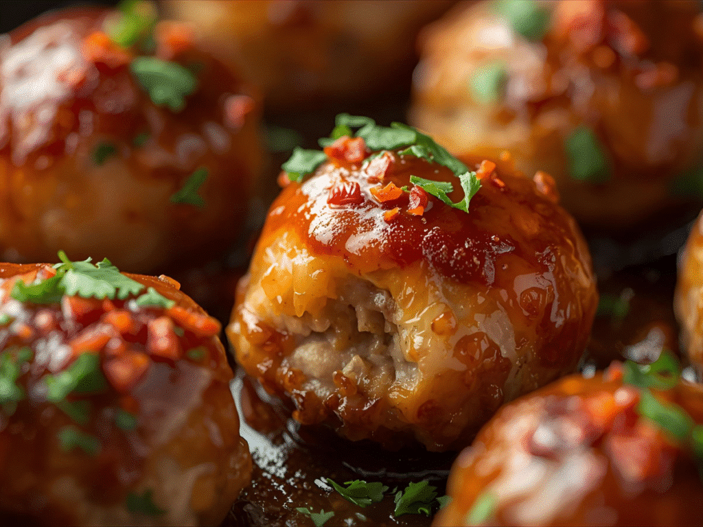 Juicy baked chicken meatballs in marinara with golden, bubbly mozzarella​