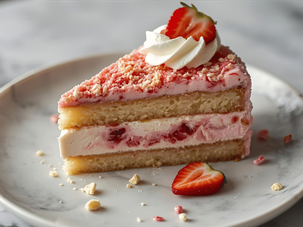 Strawberry shortcake ice cream cake slice showing crumb base, creamy strawberry layer, and crumble top with whipped cream
