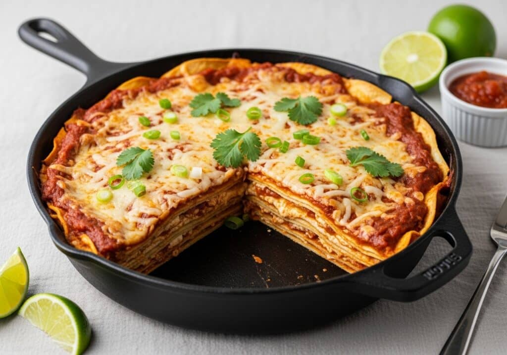 Easy Mexican lasagna recipe with tortillas and enchilada sauce, melty cheese top.​