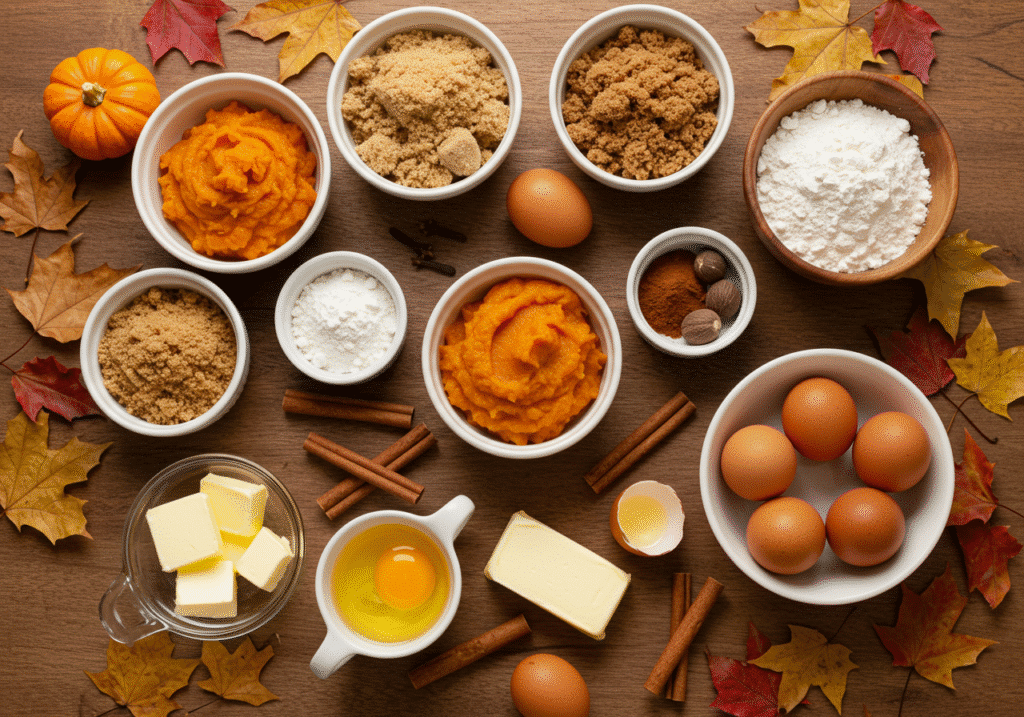 Pumpkin puree, flour, butter, and spices arranged neatly for making Pumpkin Spice Cookies.