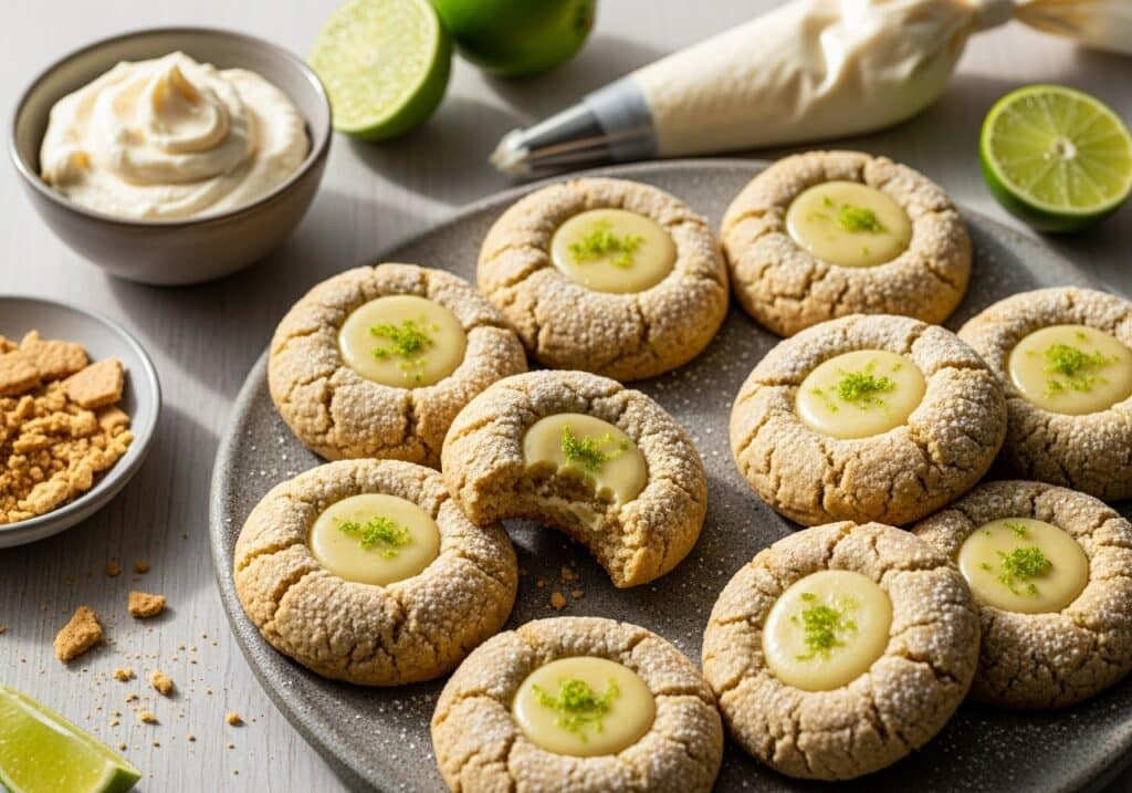 Chilled copycat Crumbl key lime cookies with creamy filling and graham crumb base. 