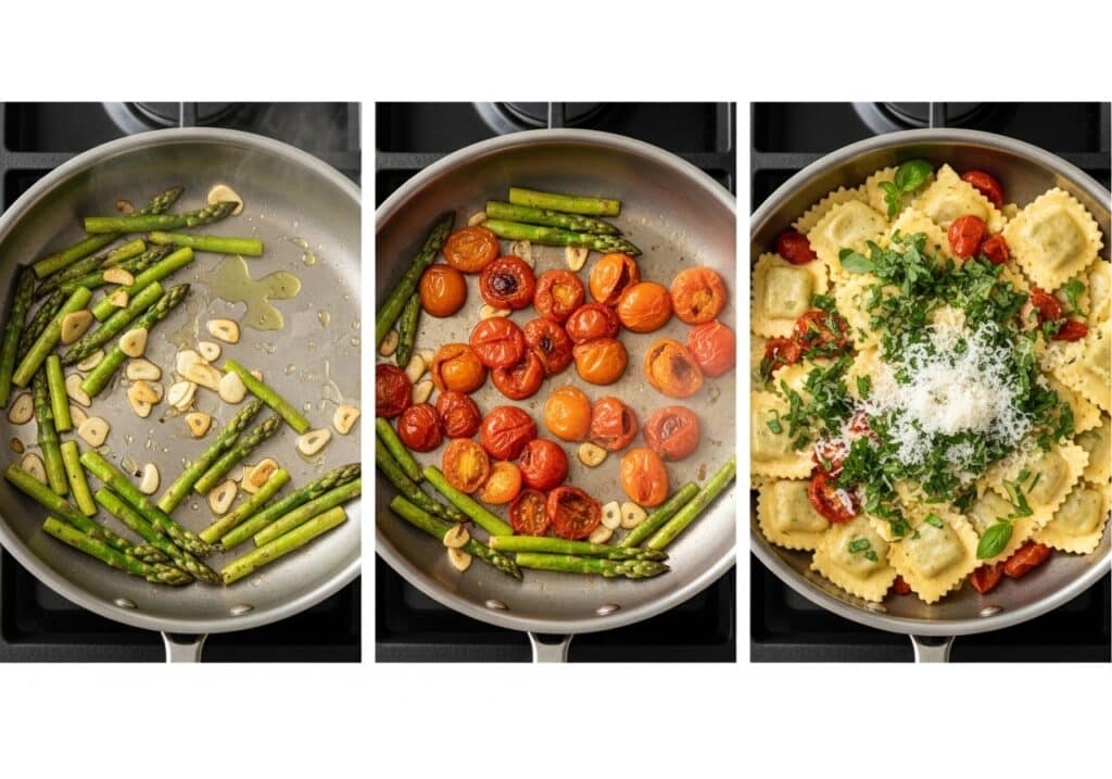 Cooking sequence: sauté asparagus garlic, blister juicy tomatoes, toss with ravioli and herbs, finish with Parmesan