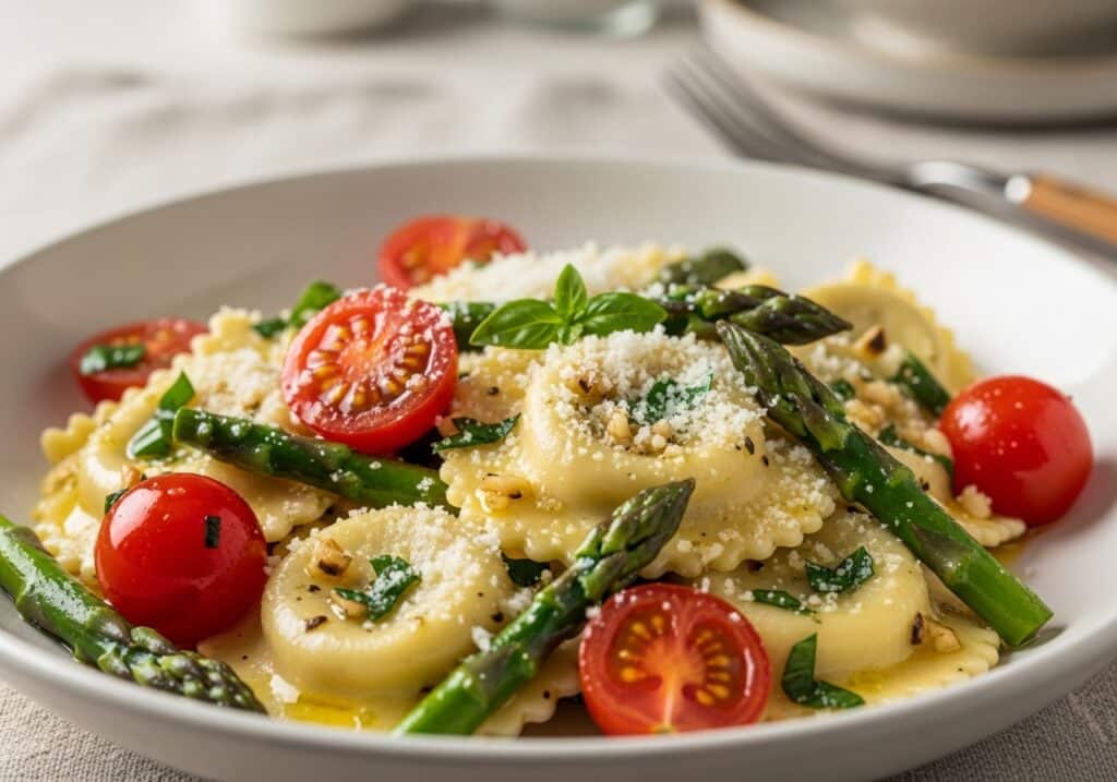Cheese ravioli with tomatoes and asparagus, asparagus garlic, juicy tomatoes, herbs, Parmesan