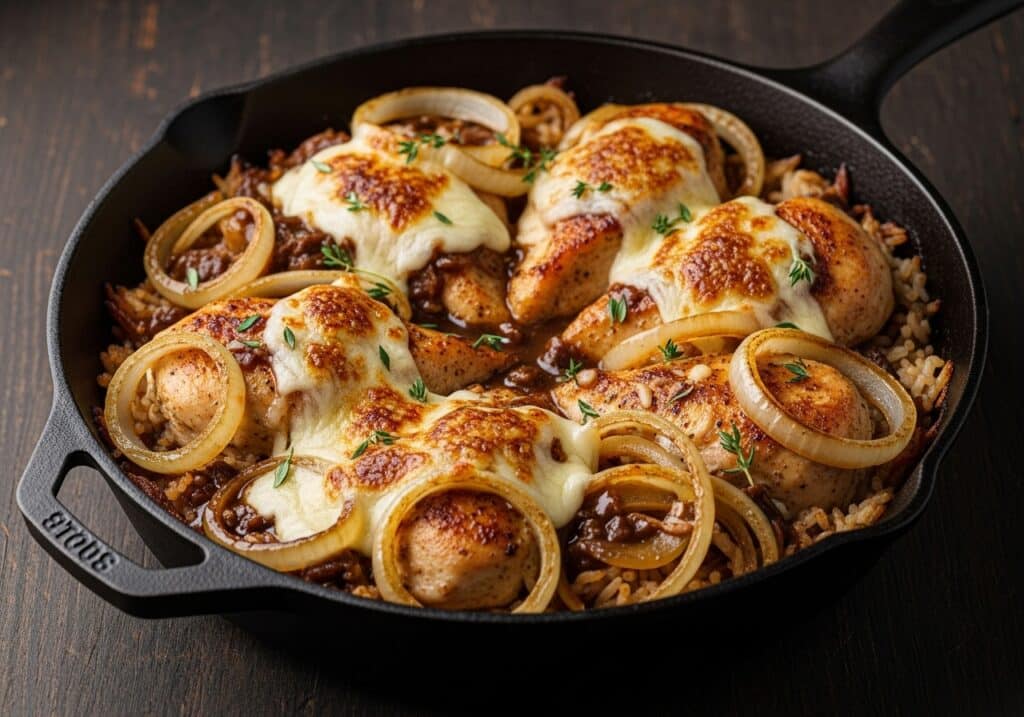 Golden seared onion chicken in cast-iron with melted gruyere over savory rice