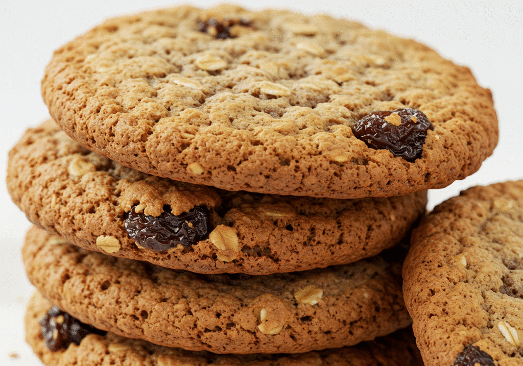 Rustic oatmeal raisin cookies on wooden tray