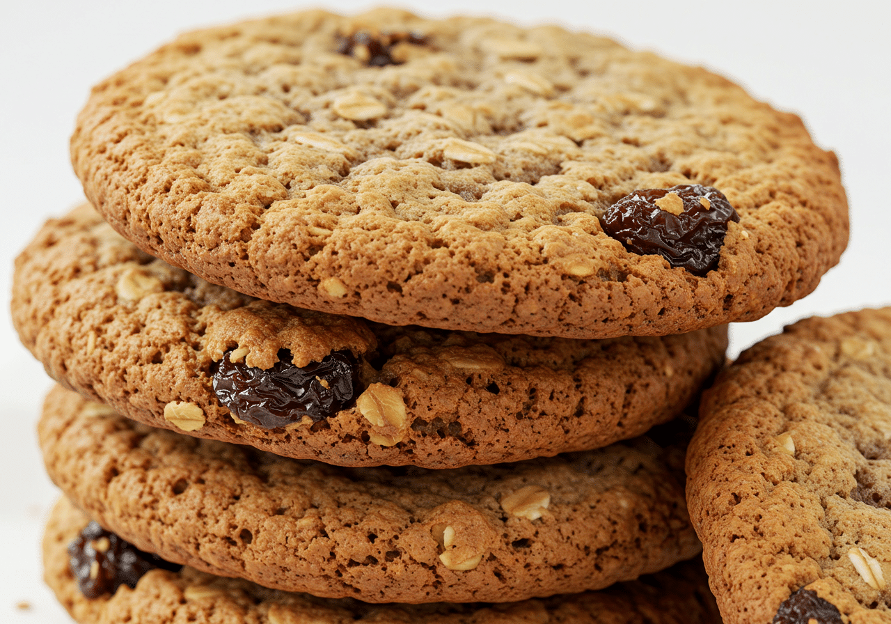 Rustic oatmeal raisin cookies on wooden tray