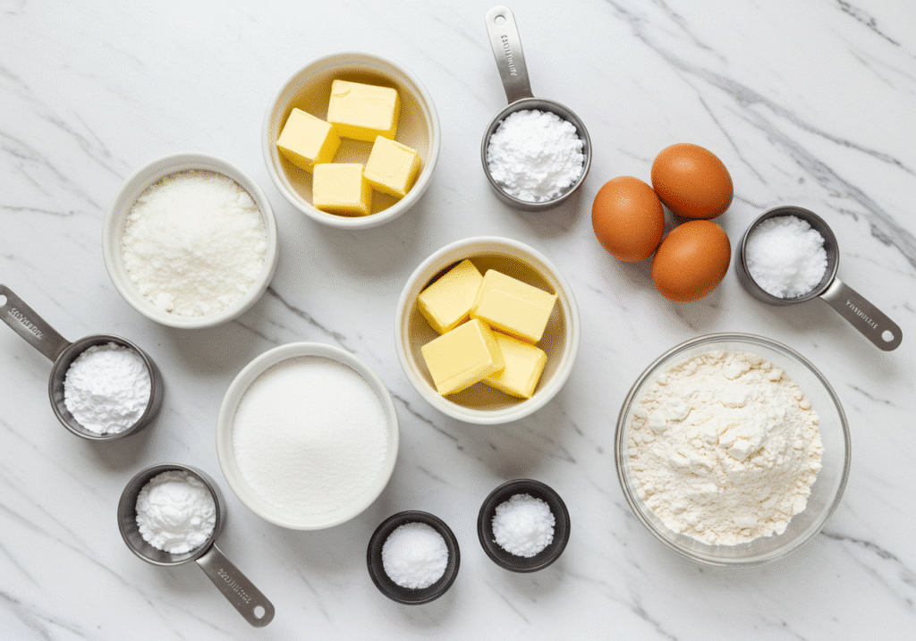 Sugar, flour, butter, eggs, sprinkles