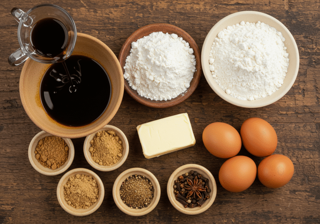 Ginger, cinnamon, flour, molasses, butter