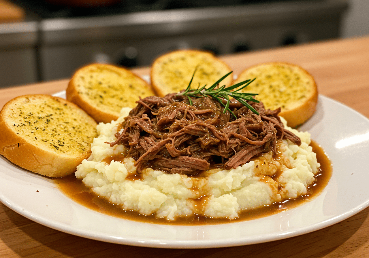 Alt Text: Slow cooker filled with tender Crockpot Beef Manhattan roast beef in rich au jus gravy served over creamy mashed potatoes and garlic toast