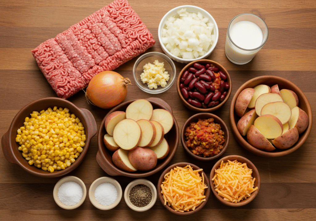 High-resolution flat lay of Slow Cooker Cowboy Potato Casserole ingredients including raw ground beef, chopped onion, minced garlic, cream of mushroom soup, milk, drained kidney beans, diced tomatoes with green chilies, frozen corn, chili powder, salt, black pepper, sliced red potatoes in a rustic bowl, and shredded cheddar cheese arranged on a wooden table