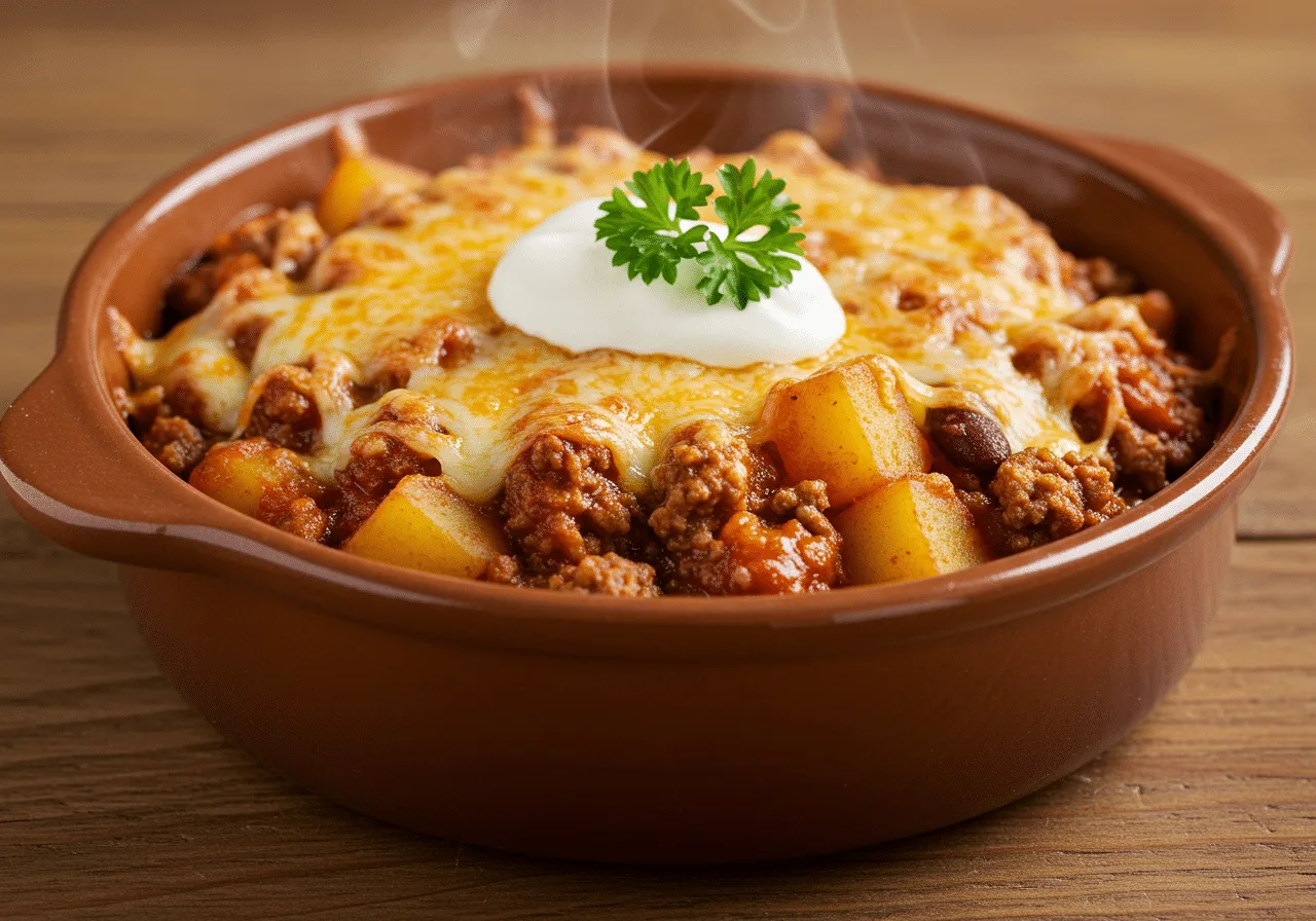 Slow Cooker Cowboy Potato Casserole with succulent ground beef, tender sliced potatoes, beans, corn, and melted cheddar cheese in a rustic casserole dish, ready to serve