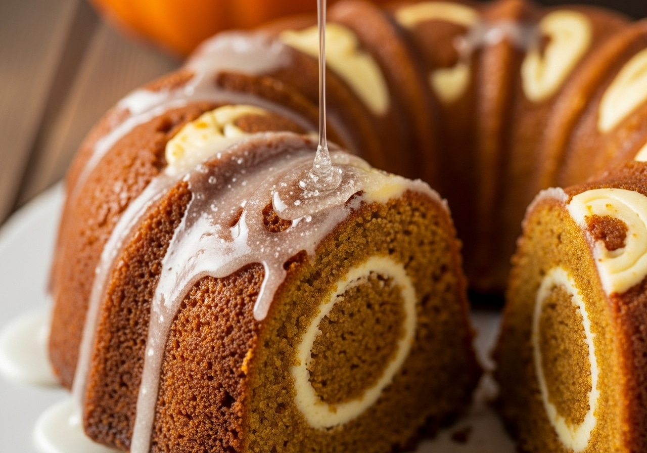 Moist pumpkin bundt cake with cream cheese swirl and glossy glaze on a cake stand.​
