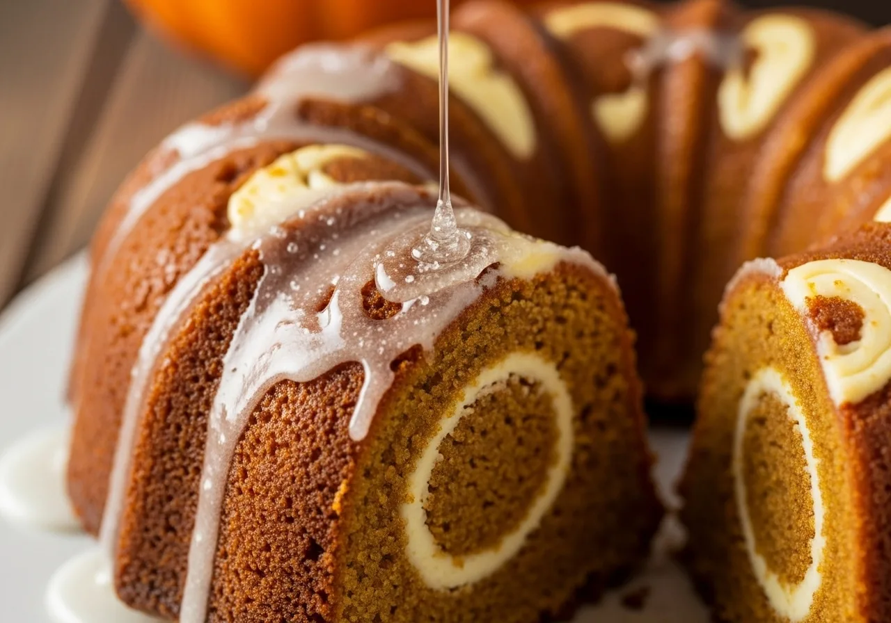 Moist pumpkin bundt cake with cream cheese swirl and glossy glaze on a cake stand.​