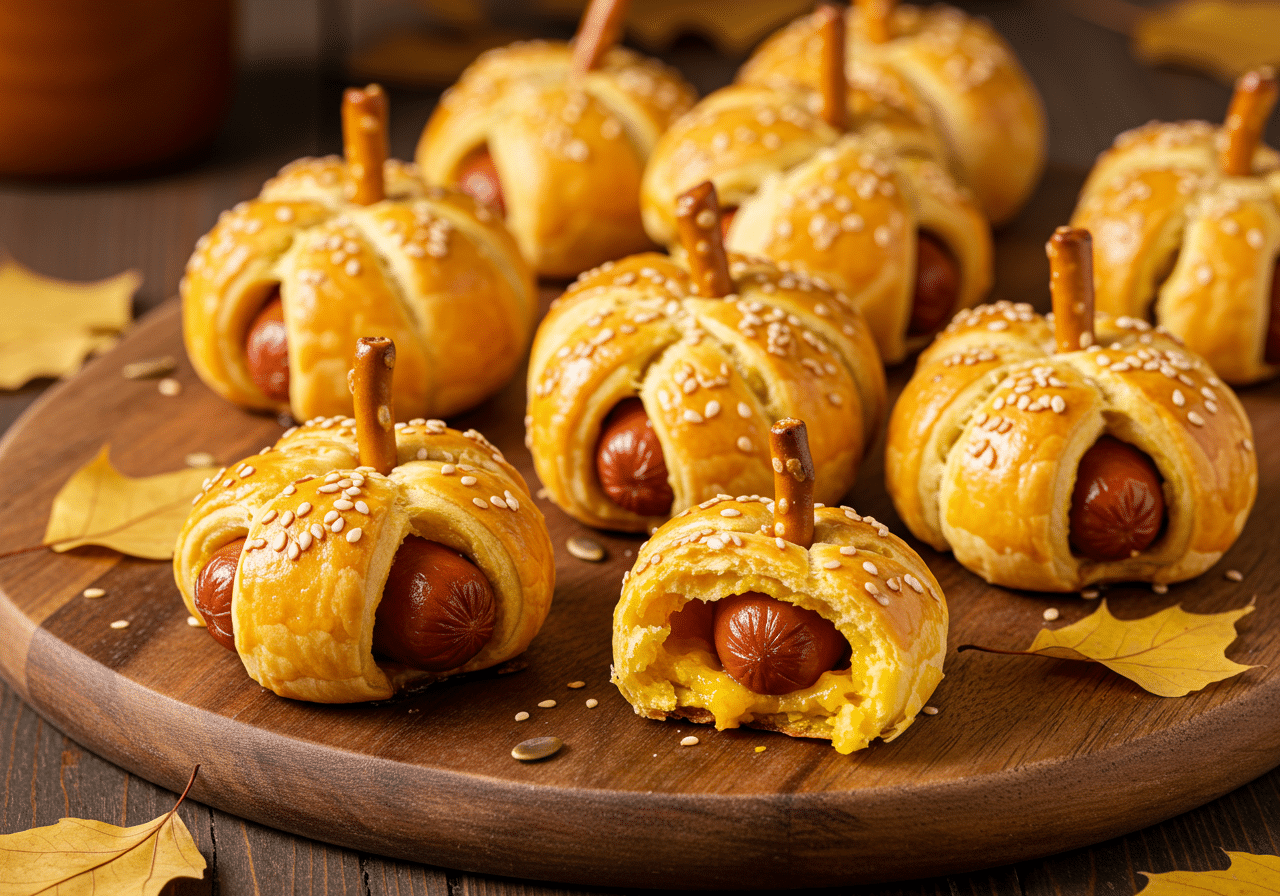 Pumpkin Patch Dogs in a Blanket: Patch Dogs in a Blanket: Patch Dogs in a Blanket:Pizza-stuffed pumpkin bites with golden-brown dough, melted cheese filling, pretzel stick stems on white plate.
