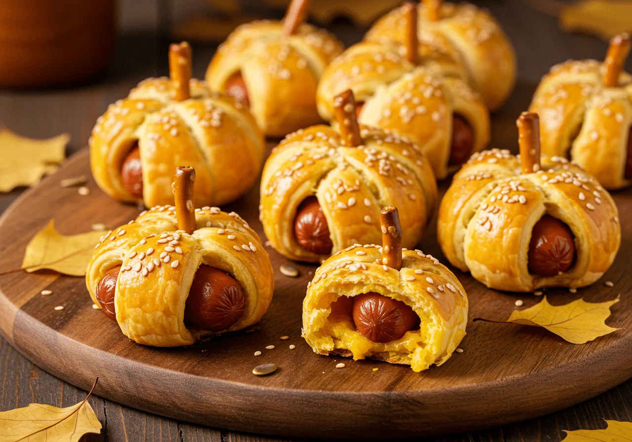 Pumpkin Patch Dogs in a Blanket: Patch Dogs in a Blanket: Patch Dogs in a Blanket:Pizza-stuffed pumpkin bites with golden-brown dough, melted cheese filling, pretzel stick stems on white plate.