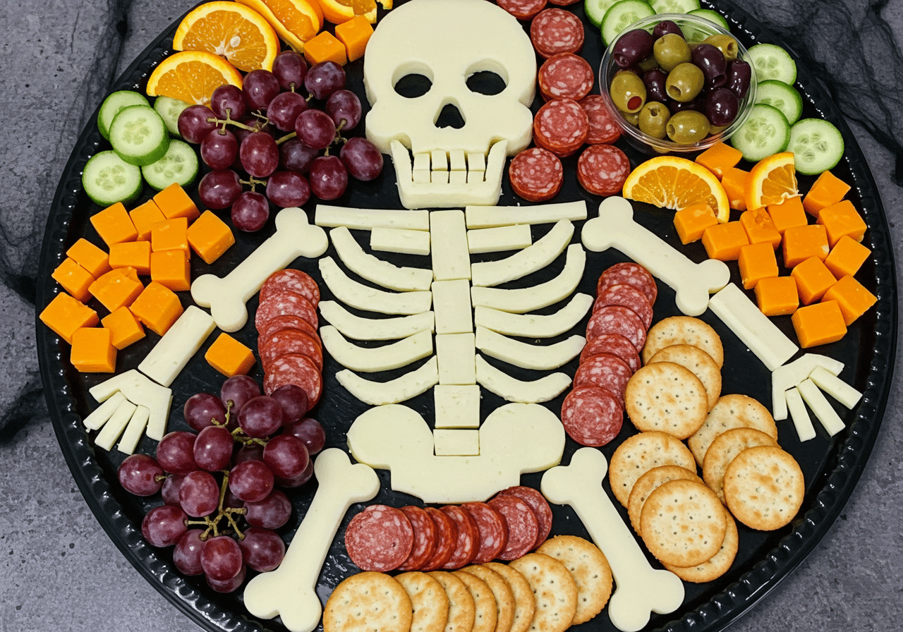 Halloween skeleton charcuterie board with mozzarella skull, breadstick bones, ghost-shaped cheeses, and cherry tomato eyeballs on dark slate background.