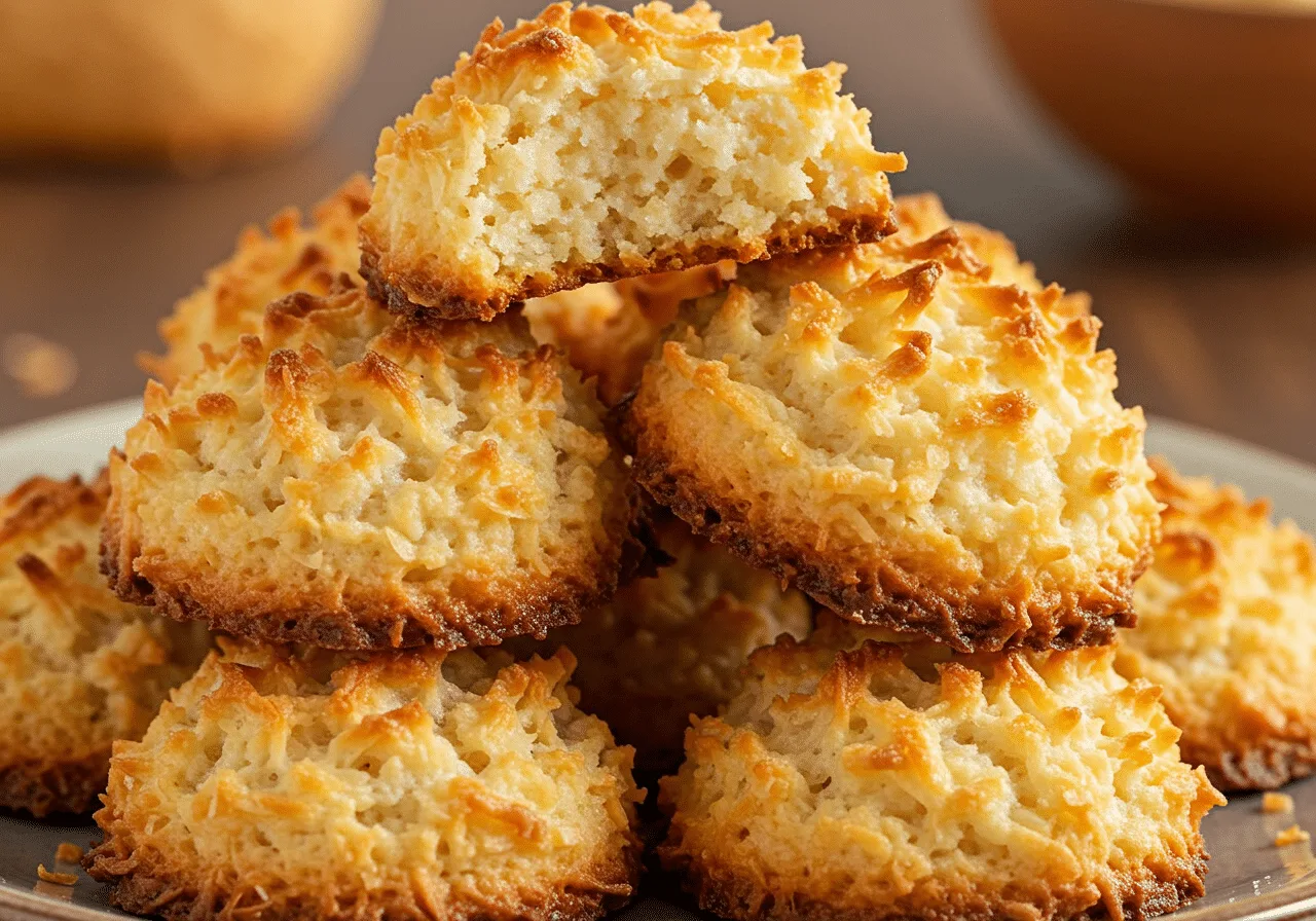 Golden brown coconut macaroons on a rustic plate, drizzled with chocolate, ready to eat