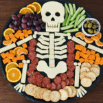 Hyperrealistic Halloween skeleton charcuterie board with cheese skull, ghost cheeses, breadstick bones, and cherry tomato eyeballs on dark slate.