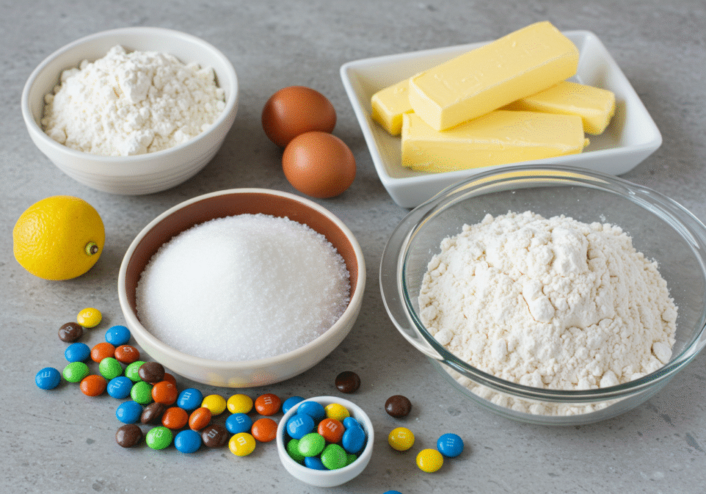 M&Ms, flour, sugar, butter, eggs