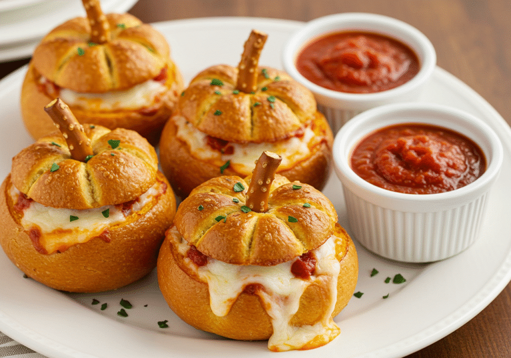Flat lay of ingredients for pizza-stuffed pumpkin bites on white marble: pizza dough, shredded mozzarella, grated Parmesan, mini pepperoni, Italian seasoning, fresh herbs, pretzel sticks, marinara sauce, olive oil.