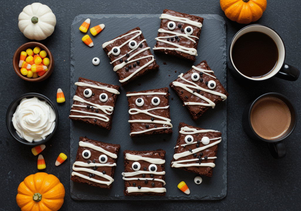 Top-down shot of Halloween mummy brownies on a slate board surrounded by festive Halloween decor.