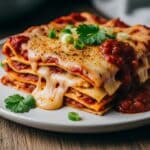 Tex Mex lasagna slice with tortillas, spicy salsa, and golden cheese.​