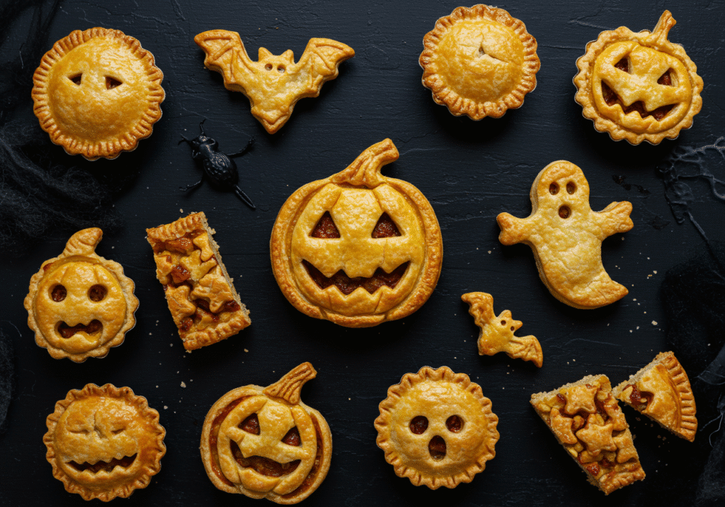 Alt Text: Assorted sweet and savory Halloween pies in spooky shapes on a dark rustic table.