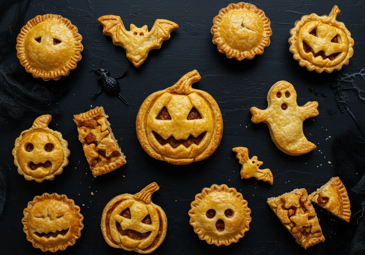 Alt Text: Assorted sweet and savory Halloween pies in spooky shapes on a dark rustic table.