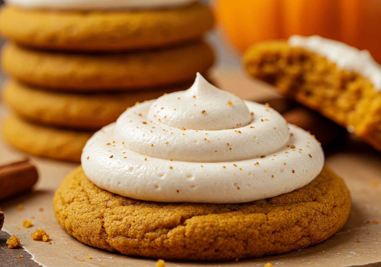 Soft pumpkin cookies with cream cheese frosting, cozy fall dessert, cinnamon and pumpkin pie spice.​