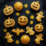 Alt Text: Close-up of baked Halloween pies with sweet and savory fillings.