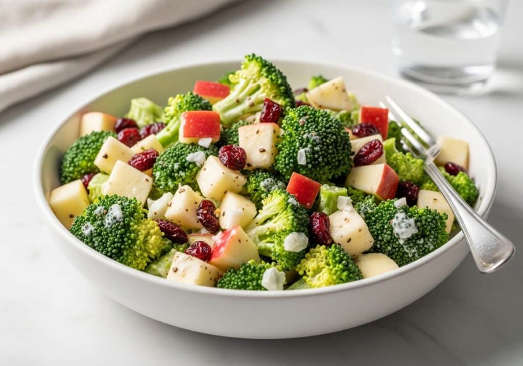 Honeycrisp apple broccoli salad in a white bowl with creamy dressing and cranberries, fresh and crisp.​