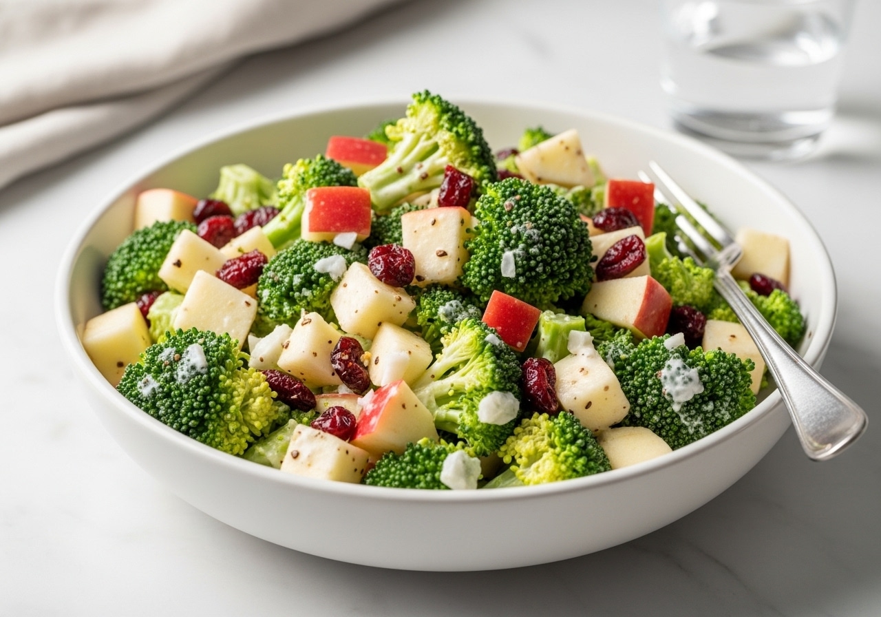 Honeycrisp apple broccoli salad in a white bowl with creamy dressing and cranberries, fresh and crisp.​