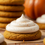 Frosting soft pumpkin cookies with silky cream cheese icing on a cooling rack.​