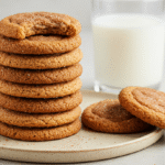 Stacked Cinnamon Sugar Cookies on a plate with a warm kitchen background, ready to serve.