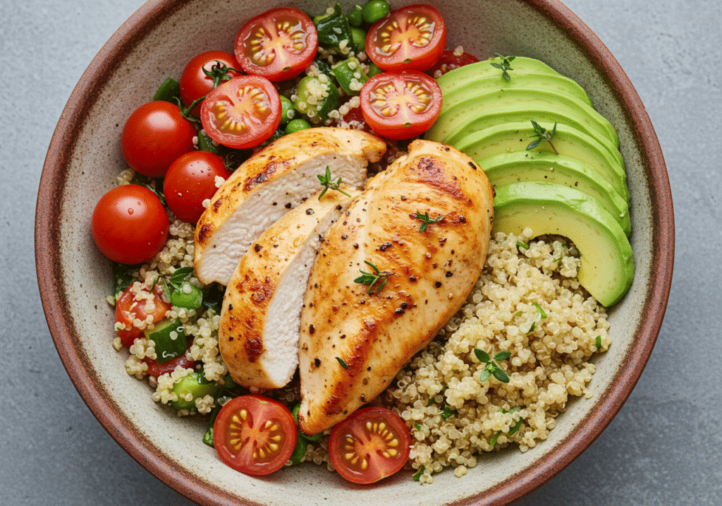 Alt Text: Freshly grilled chicken with colorful quinoa salad in a bowl
