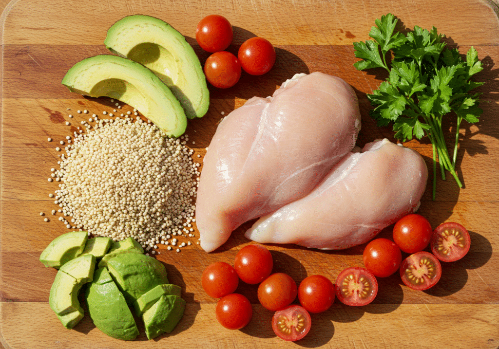 Chicken Quinoa Bowl: raw chicken breasts, quinoa, avocado, cherry tomatoes on cutting board
