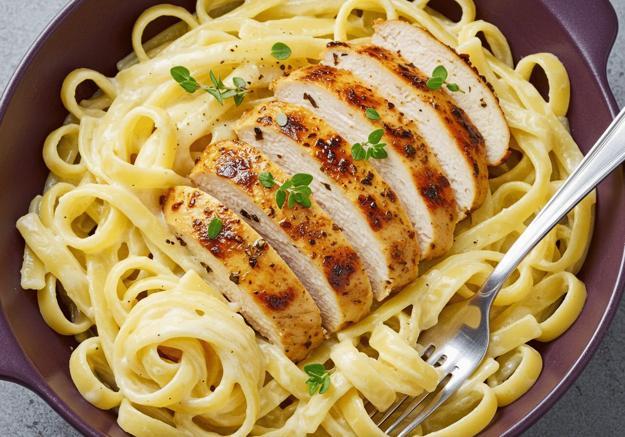 Creamy Alfredo pasta topped with sliced chicken and parsley