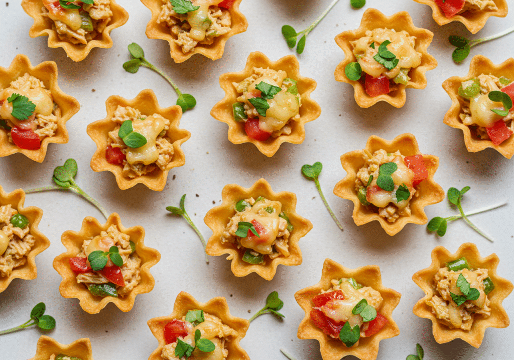 Mini taco cups with chicken, cheese, and jalapeños