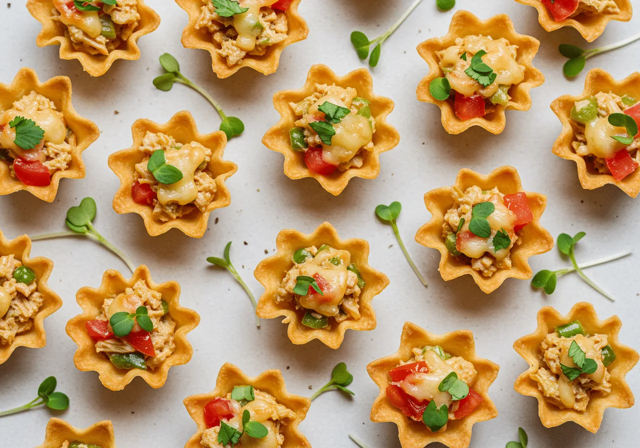 Mini taco cups with chicken, cheese, and jalapeños