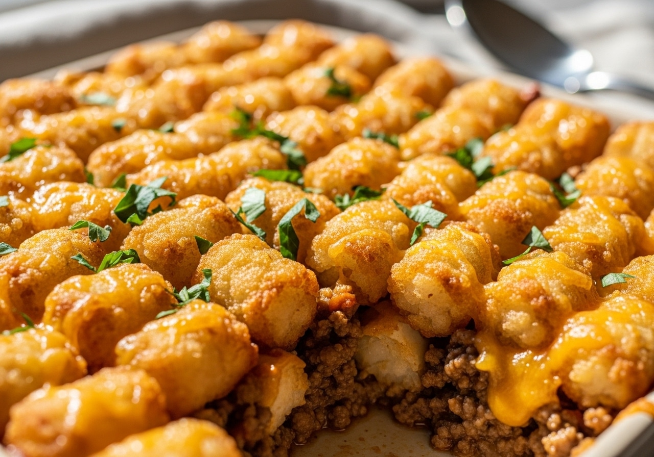 Crispy Tater Tot Casserole with ground beef and melted cheddar in baking dish