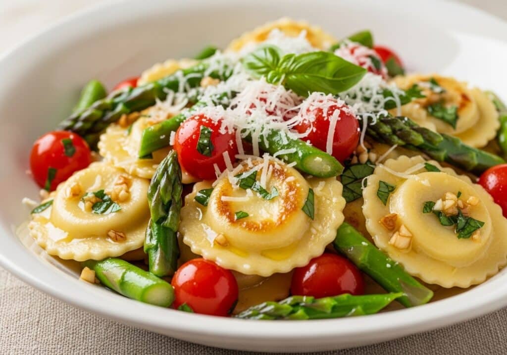 Cheese ravioli with tomatoes and asparagus, asparagus garlic, juicy tomatoes, fresh herbs, Parmesan, spring pasta​