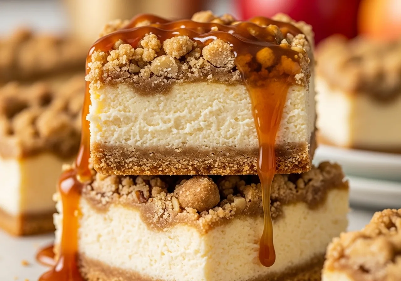 Caramel Apple Cheesecake Bars with graham cracker crust, cinnamon apples, oat crumble, salted caramel.​