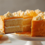 Overhead of Orange Creamsicle Cake slice with visible jello soak