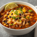 Cozy chicken taco soup with shredded chicken in tomato broth, cilantro, and lime.