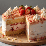 Overhead strawberry shortcake ice cream cake with strawberry crumble top and whipped cream swirls​