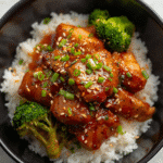 Easy teriyaki chicken and broccoli served over steamed white rice.​