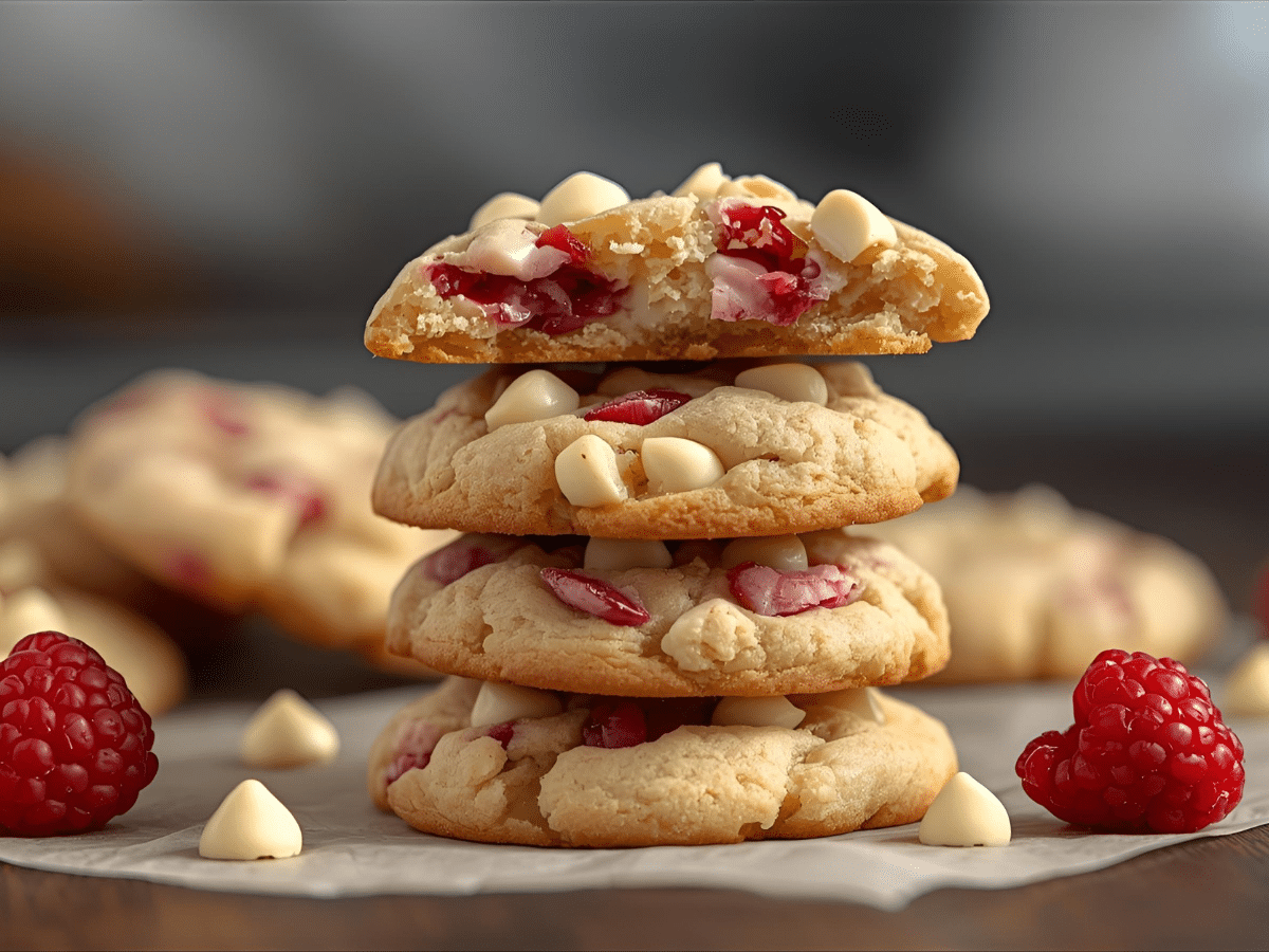 Chewy raspberry cookies with white chocolate and freeze‑dried raspberries on parchment​
